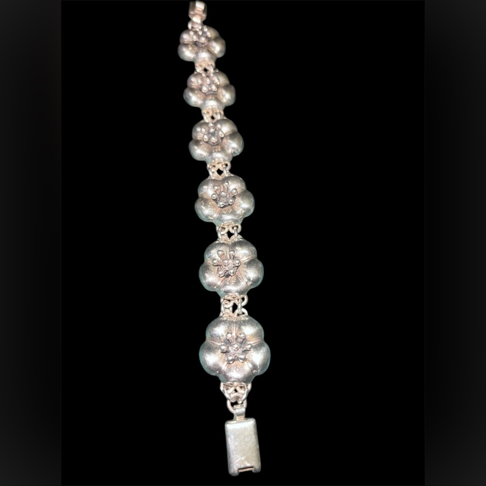 VINTAGE MEXICAN STERLING SILVER 44g Puffed Flower Link Bracelet 7.5” - Picture 2 of 6